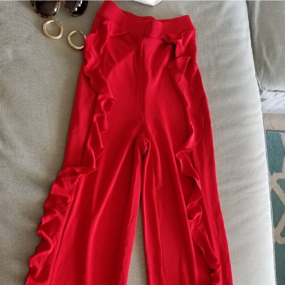 High Waisted Red Ruffle Pants - Picture 3 of 4